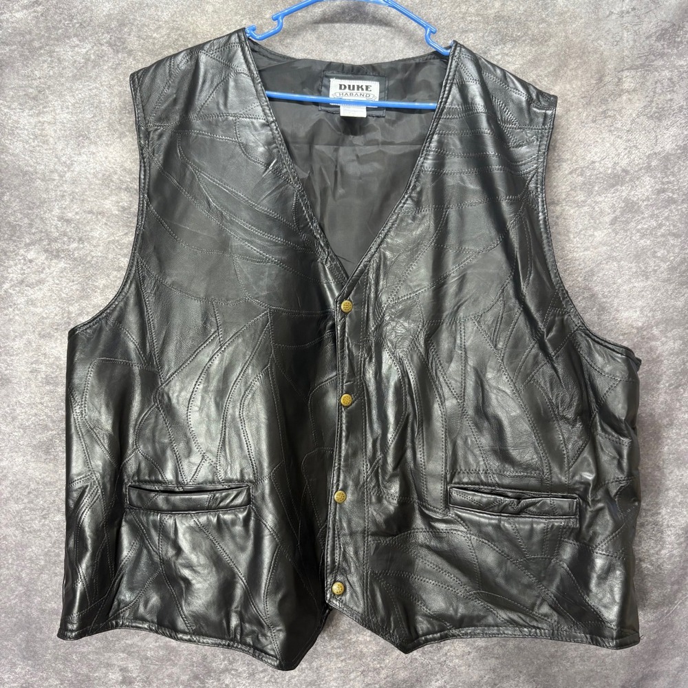 VTG Duke Haband Black Genuine Leather Patchwork Vest Mens 3XL Biker Motorcycle